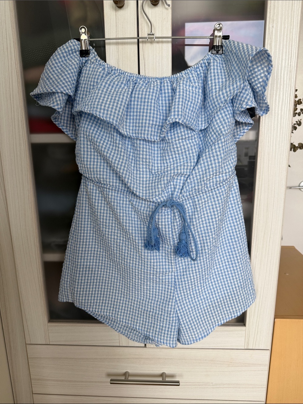 Azalea Light Blue Gingham Off-Shoulder Romper